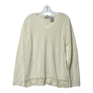 White Stag Womens Cream Ivory V Neck Sweater Lace Trim Long Sleeve Size XL